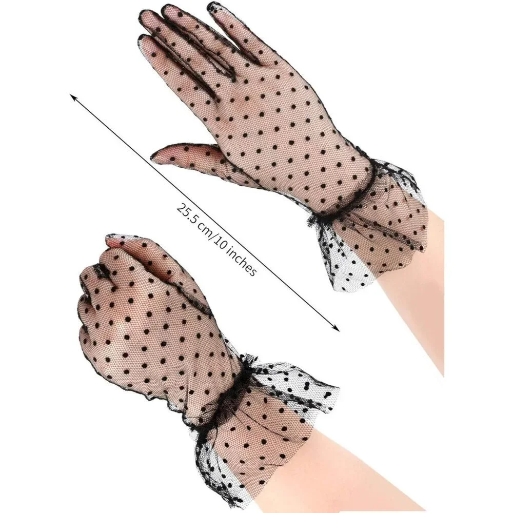 Women's Evening Black Elegant Polka Dot Mitten Lace Gloves Party Tea Accessories